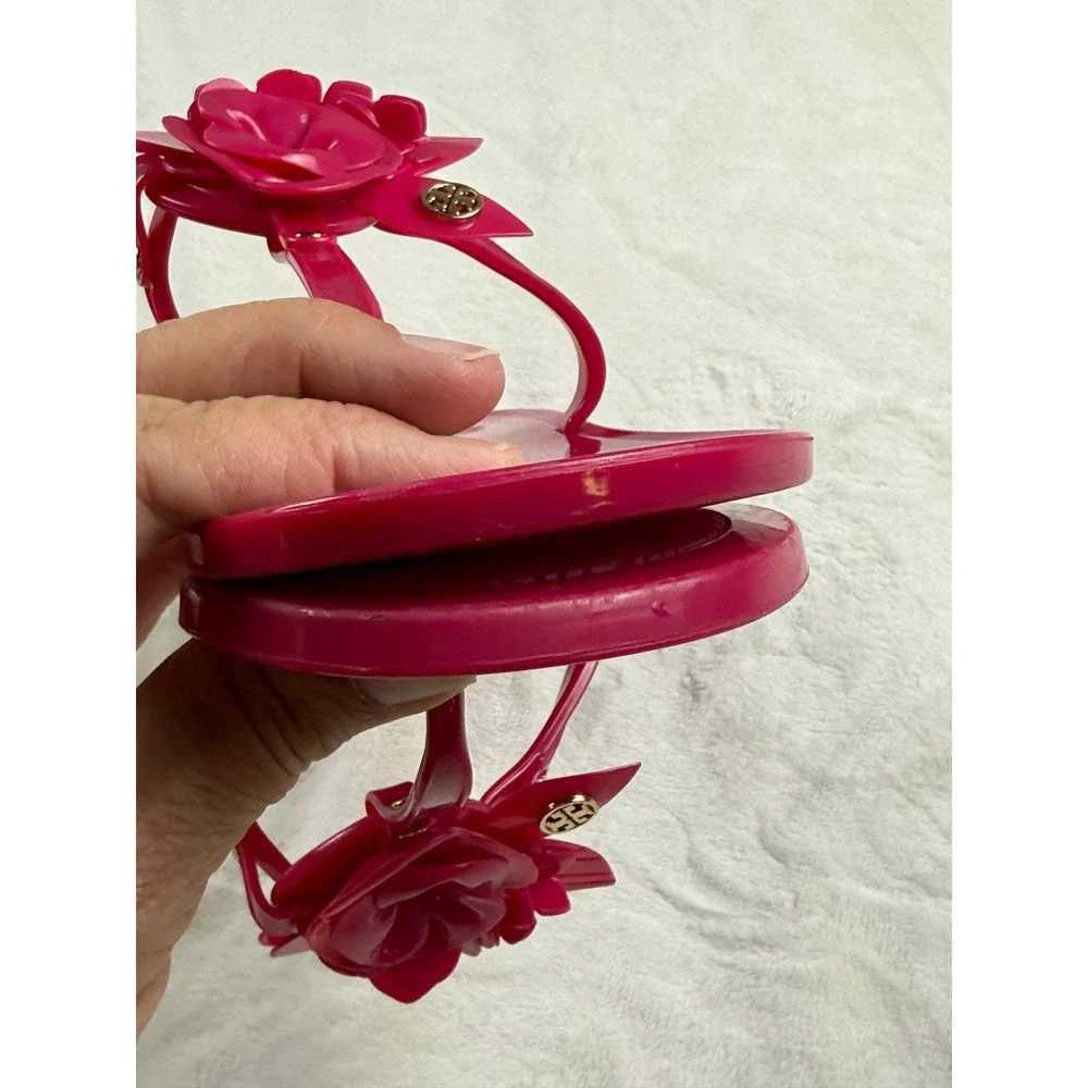Tory Burch Fuchsia Pink Floral Jelly Thong Sandals Womens 5 Flat Flip Flops Logo
